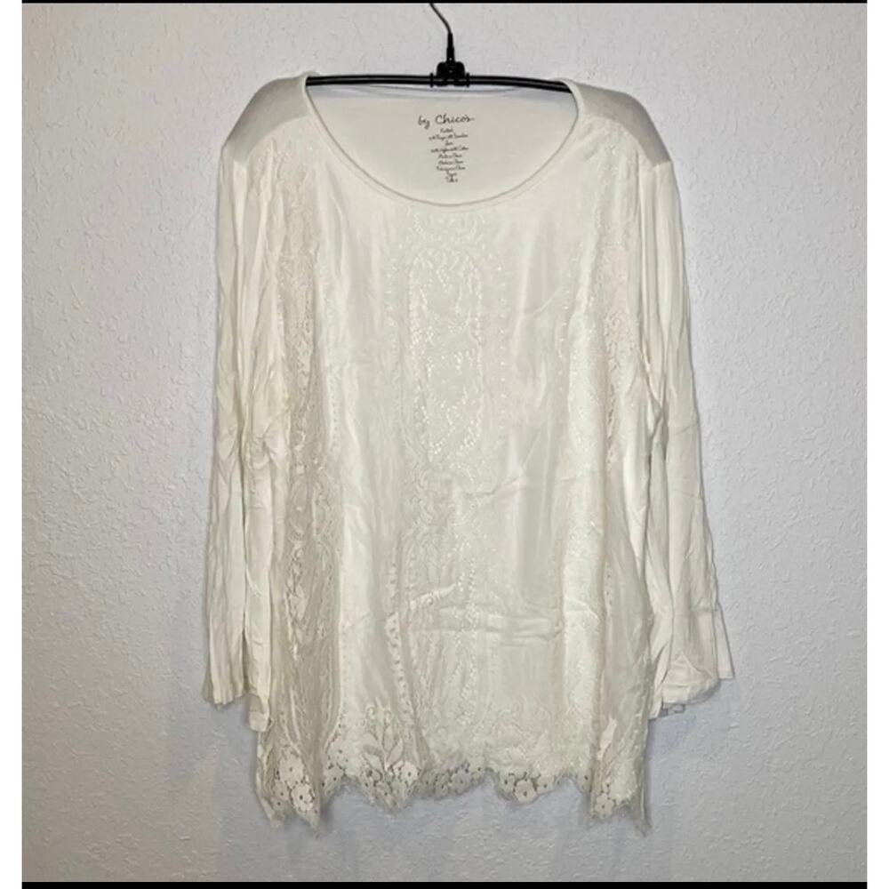 Chico’s White Stretchy Knit Long Sleeve Blouse w/ Lace Top Layer EUC Sz 16 Rayon